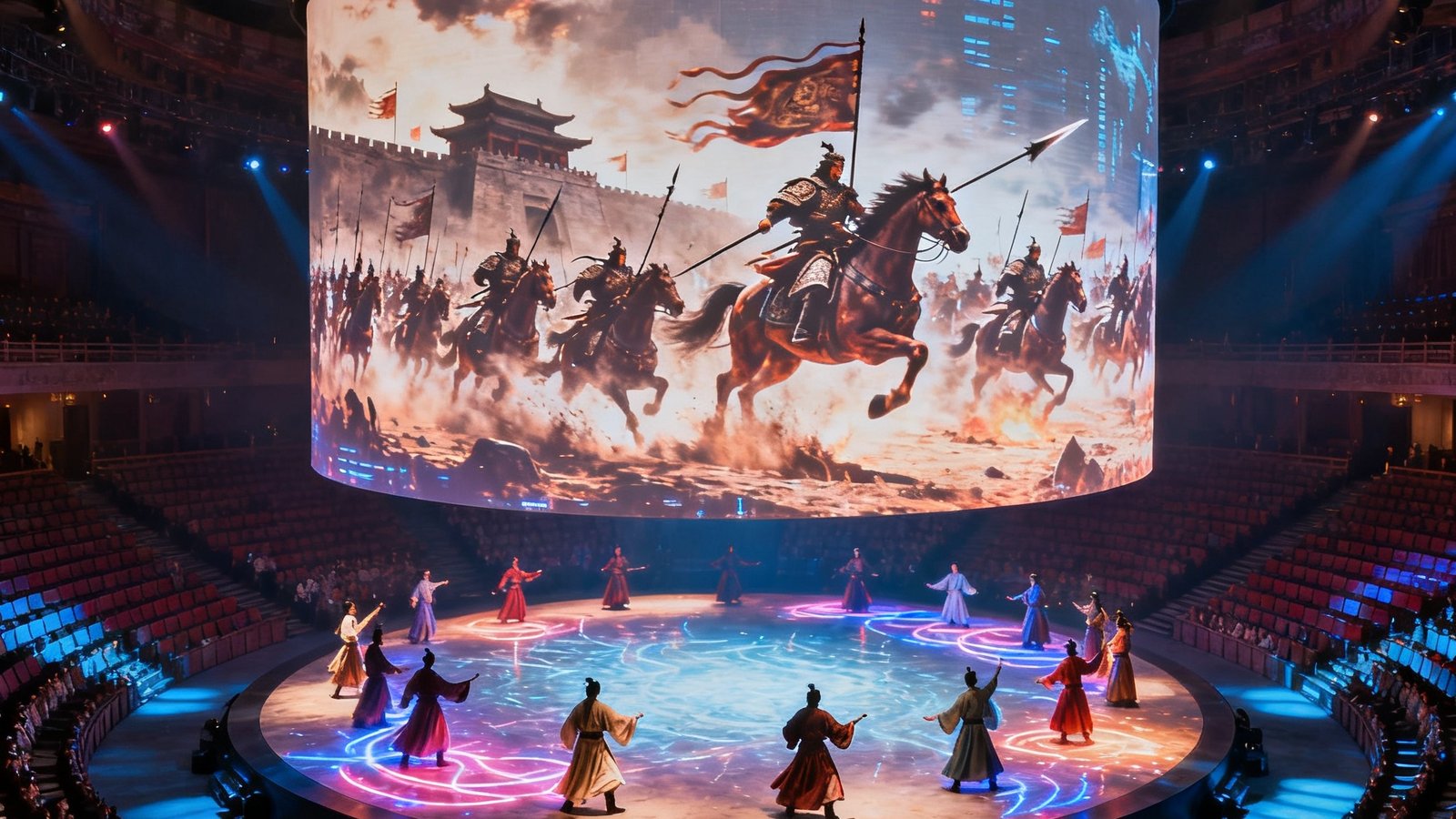 圆形剧场中央悬浮着巨大的全息影像，展现古代战场千军万马冲锋的场景，观众席环绕舞台360度布置，光影与实景演员完美融合
