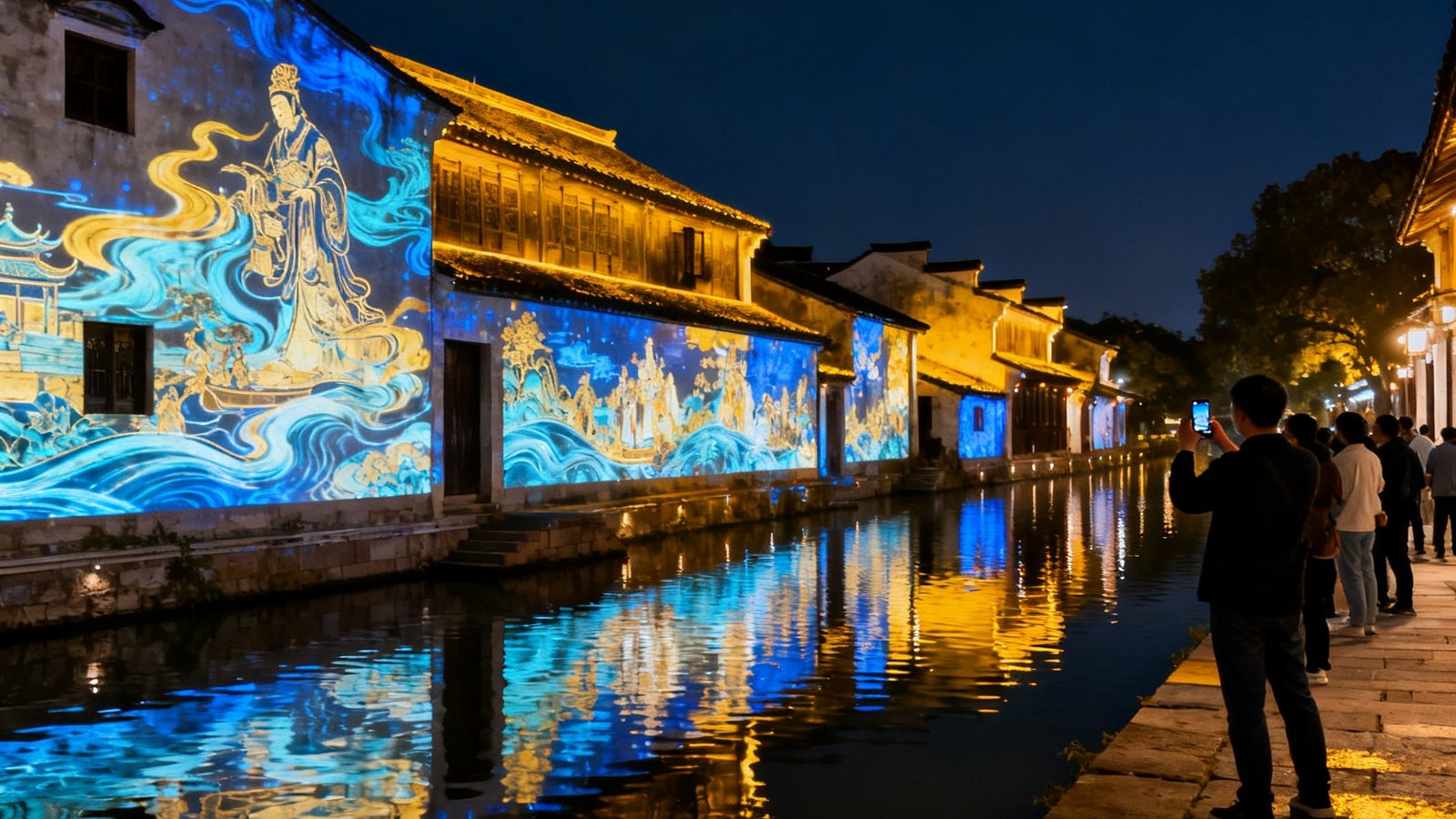 夜晚古镇沿河建筑外立面被巨幅光影画卷覆盖，流动的图案讲述千年历史传说，河道中倒映出斑斓色彩，游客在岸边步道上驻足观赏拍摄