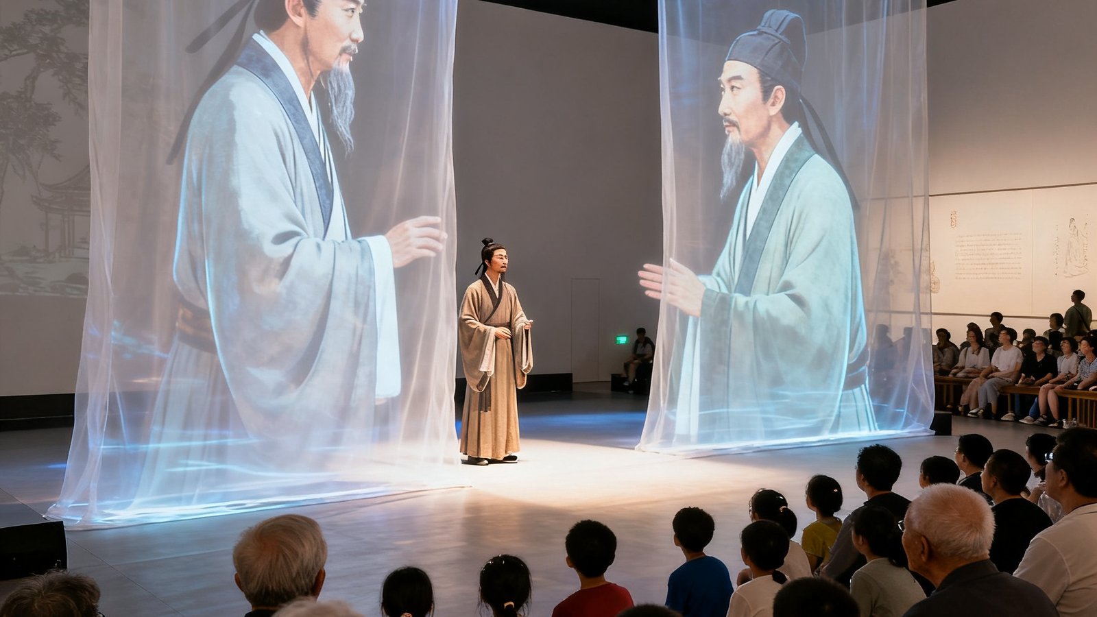 苏州某博物馆全息剧场内，真人演员与虚拟古代诗人影像在纱幕两侧展开跨时空对话，观众席中老人和孩童都聚精会神地观看这场融合科技与文化的演出