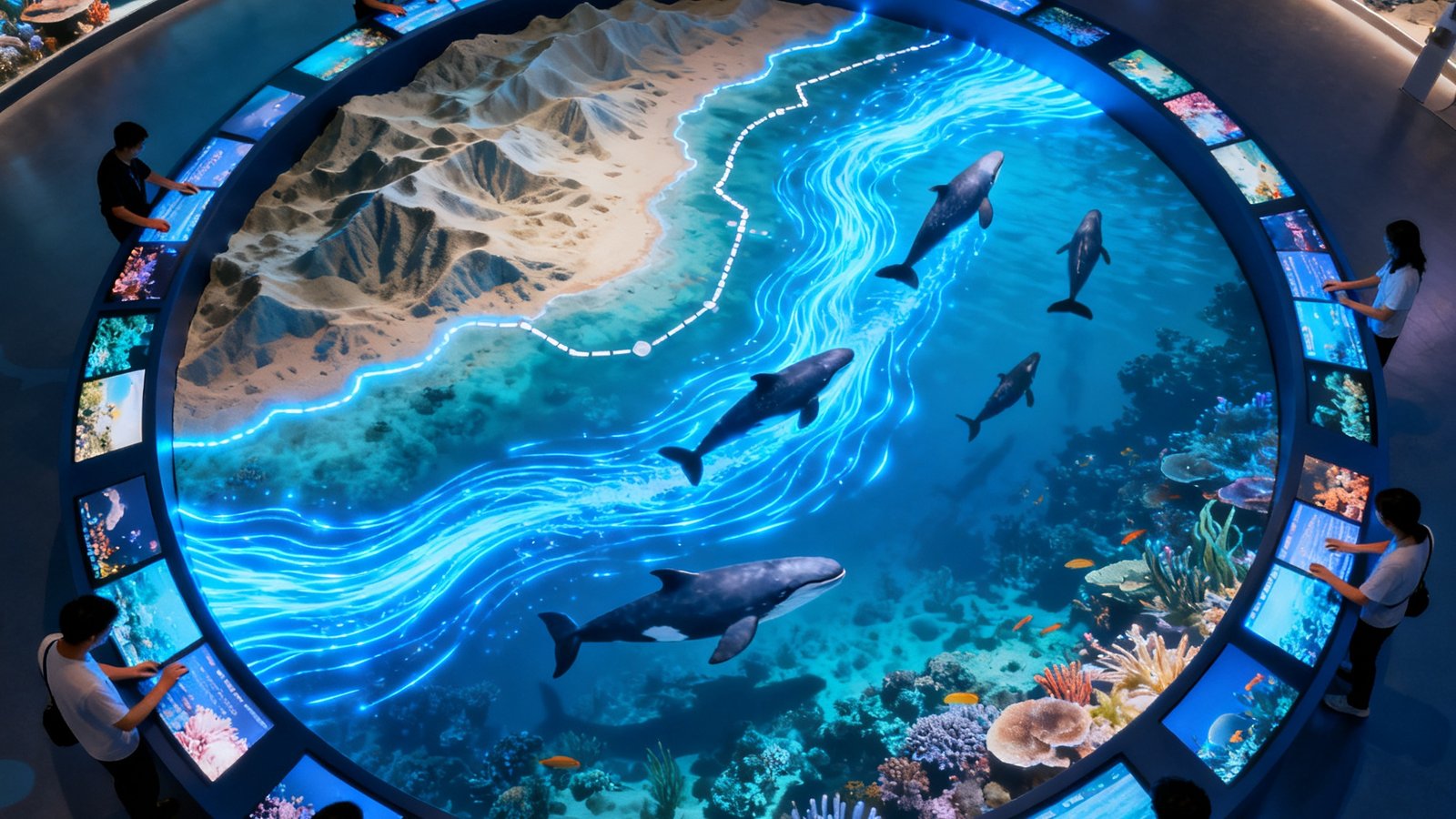珠海海洋主题公园展厅内直径8米的圆形数字沙盘，动态展示海底地形起伏与鲸群迁徙路线，蓝色光流模拟洋流方向，参观者可触摸边缘屏幕切换不同海洋生态场景