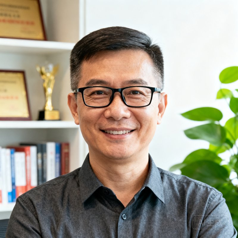 戴黑框眼镜的中年男性技术总监，短发梳理整齐，身穿深灰色衬衫，面带微笑，背景是深圳总部办公室的书架和绿植