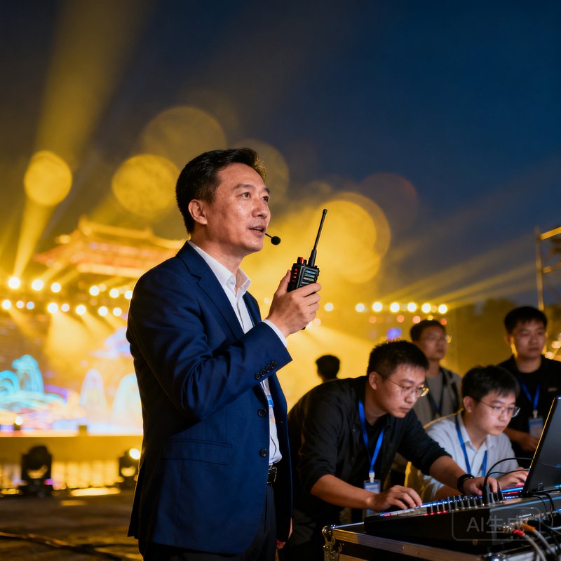 成熟稳重的男性项目总监，身穿深蓝色西装外套，手持对讲机站在夜游光影秀项目现场，正指挥团队进行最后的灯光联调测试
